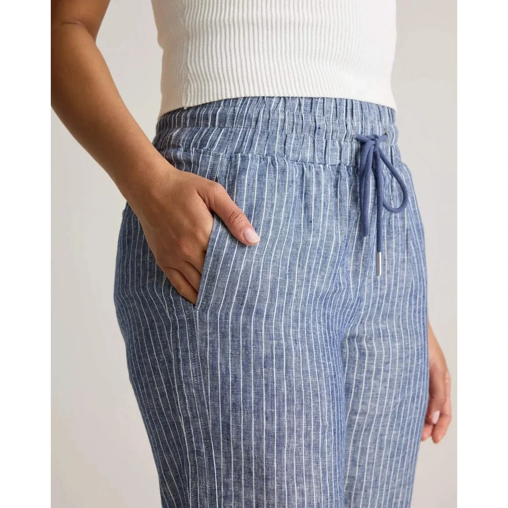 Quince European Linen Wide Leg Pants Chambray Stripe Blue White Small NWT
